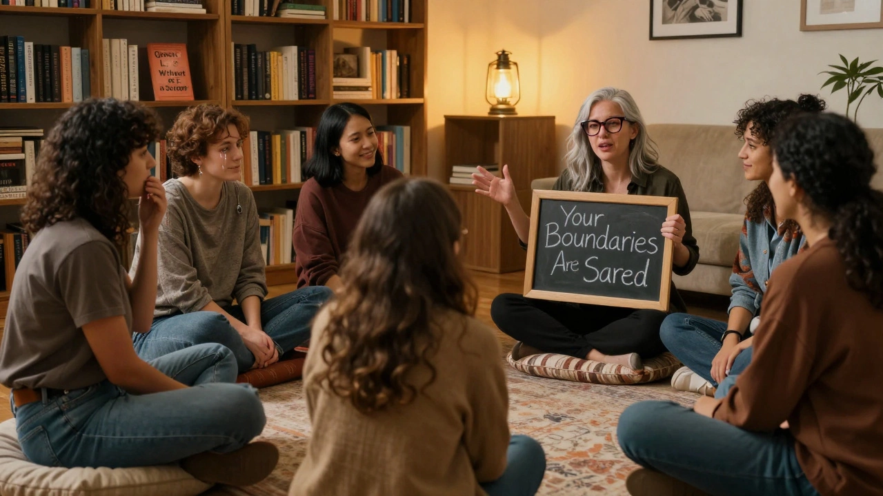 Ms. Dykefire speaking to a group in a warm, book-filled room as they listen with emotion.