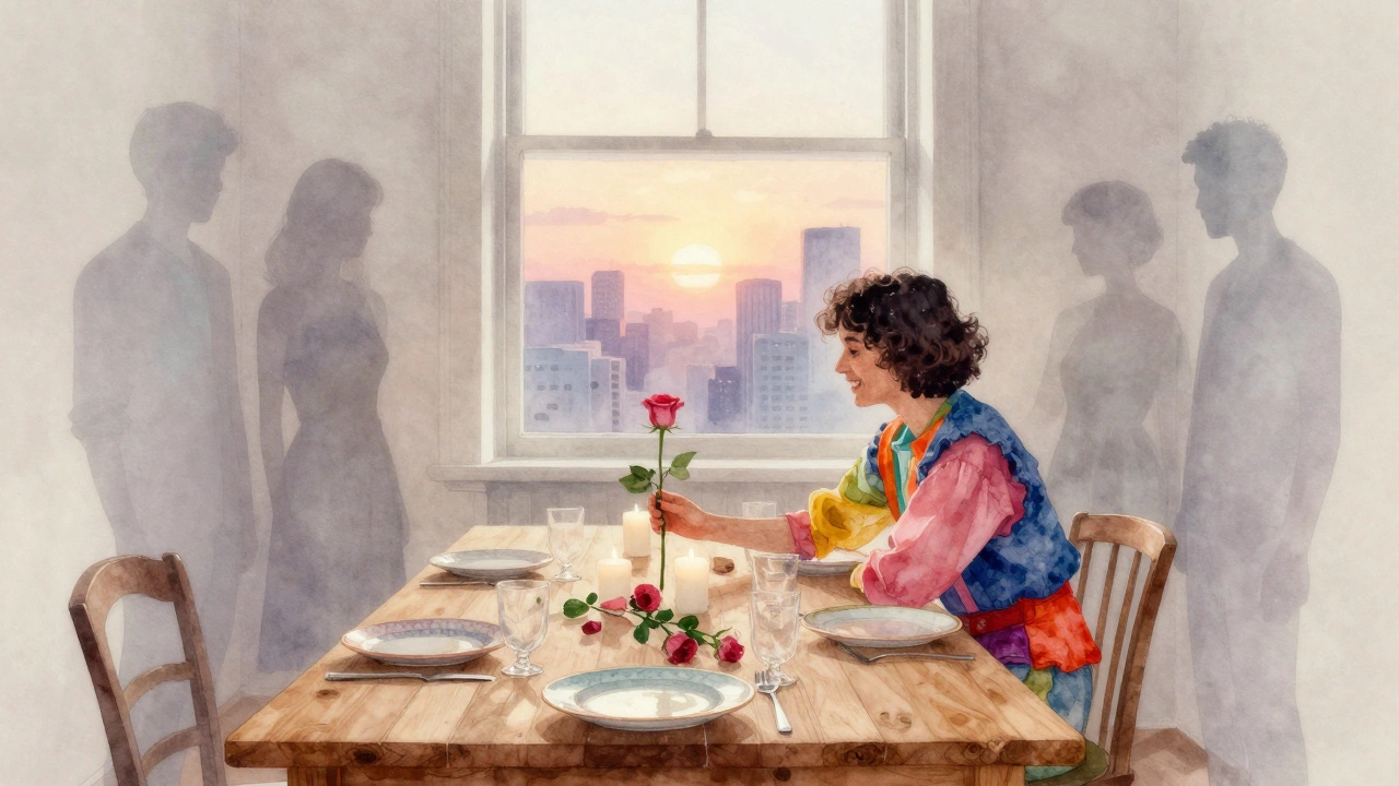 One person sitting alone at a table with a rose in the center, shadows of expectations fading away.