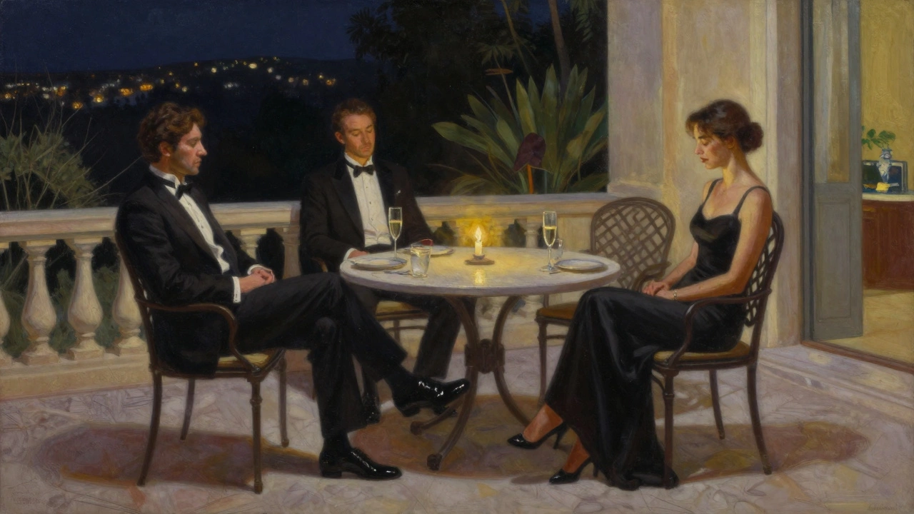 Three people sit in silence on a villa terrace at night, candlelight casting long shadows over empty champagne flutes.
